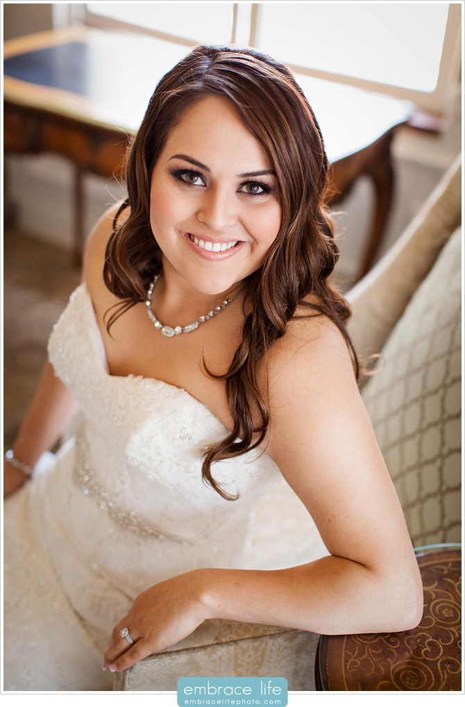 Sitting Bridal Portrait in bridal suite at Athenaeum