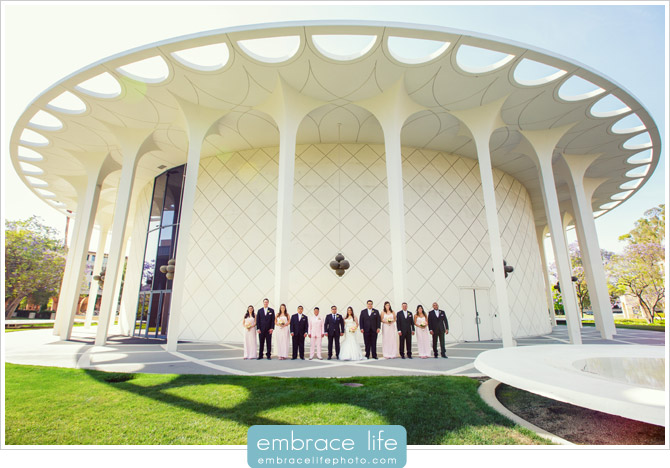 Wedding Party Portrait on the campus of Cal Tech with modern building background