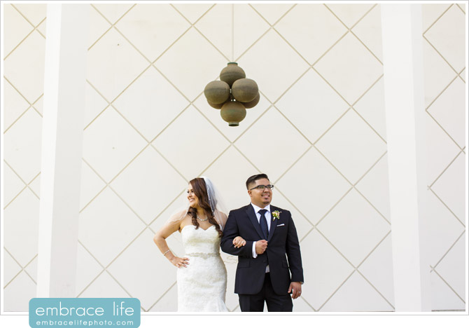 Bride and Groom Portrait in front of modern building on the campus of Cal Tech