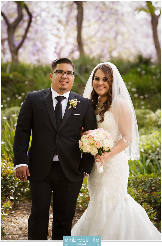 Bride and Groom Portrait in garden area on the campus of Cal Tech