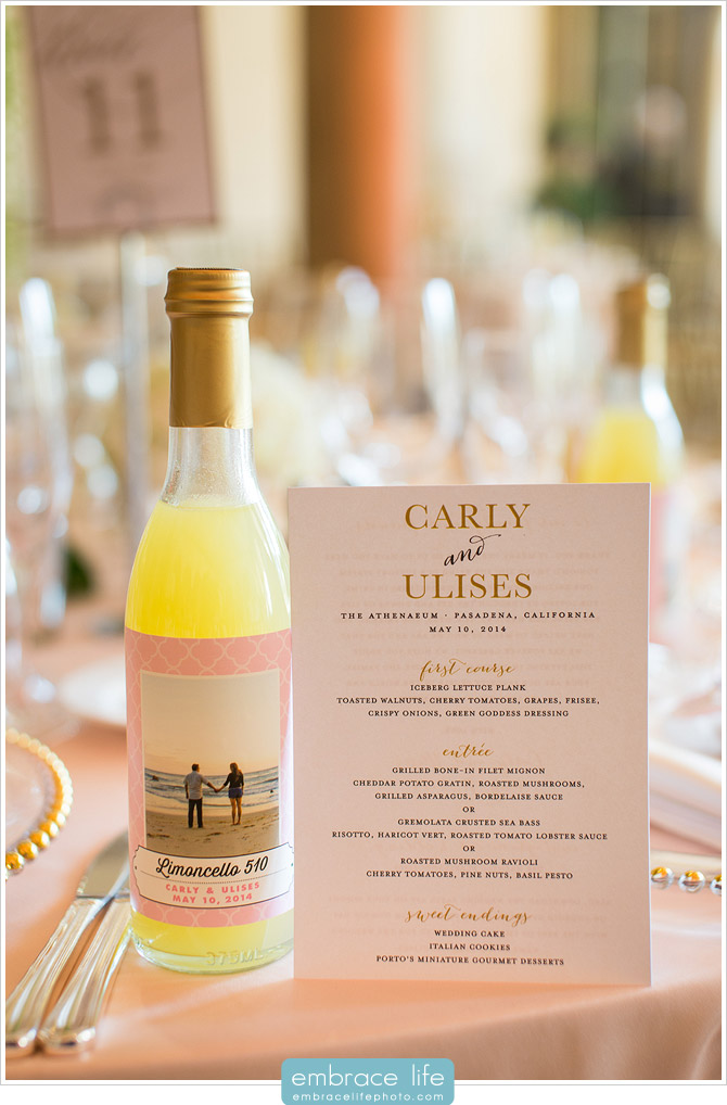 Limoncello bottle guest favors and gold foiled dinner menu