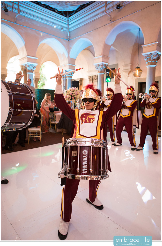 USC Marching Band drummer playing at Athenaeum wedding reception